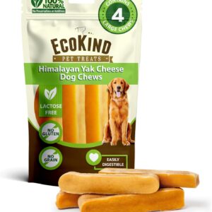EcoKind Premium Gold Yak Cheese Himalayan Dog Chews, Dog Treats Large Breed, All Natural, High Protein, for Aggressive Chewers, Large - 4 Chews (1 lb)