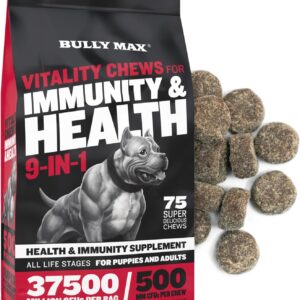 Bully Max 9-in-1 Dog Chews & Multivitamin Treats for Puppy & Adult Dogs - 75 Soft Chews, Dog Supplements & Vitamins for All Breeds - Skin, Coat, Brain, Heart, Digestive Health, Immunity, Joint Support