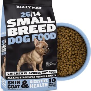 Bully Max 26/14 Small Breed Dry Dog Food for Skin, Coat & Sensitive Stomach - Natural Chicken & Rice Soft Kibble Bites for Puppies & Adult Dogs - French Bulldog, Frenchie, Mini Breed Puppy Food, 5lb.