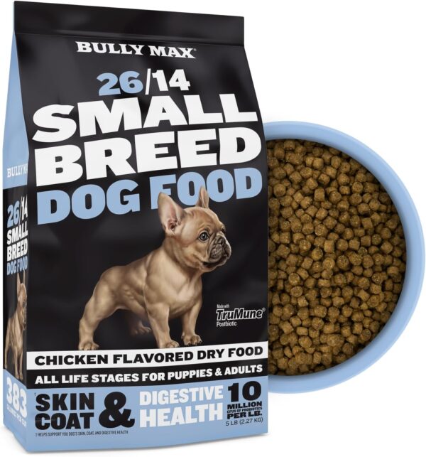 Bully Max 26/14 Small Breed Dry Dog Food for Skin, Coat & Sensitive Stomach - Natural Chicken & Rice Soft Kibble Bites for Puppies & Adult Dogs - French Bulldog, Frenchie, Mini Breed Puppy Food, 5lb.