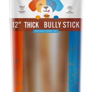 Jack&Pup Thick Bully Sticks 12 Inch Premium Dog Bully Sticks for Large Dogs Aggressive Chewers - All Natural Bully Sticks Odor Free 12" Large Bully Sticks, Long Lasting Dog Chews Bully Stick (5 Pack)