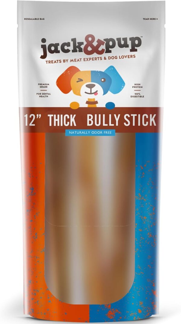 Jack&Pup Thick Bully Sticks 12 Inch Premium Dog Bully Sticks for Large Dogs Aggressive Chewers - All Natural Bully Sticks Odor Free 12" Large Bully Sticks, Long Lasting Dog Chews Bully Stick (5 Pack)