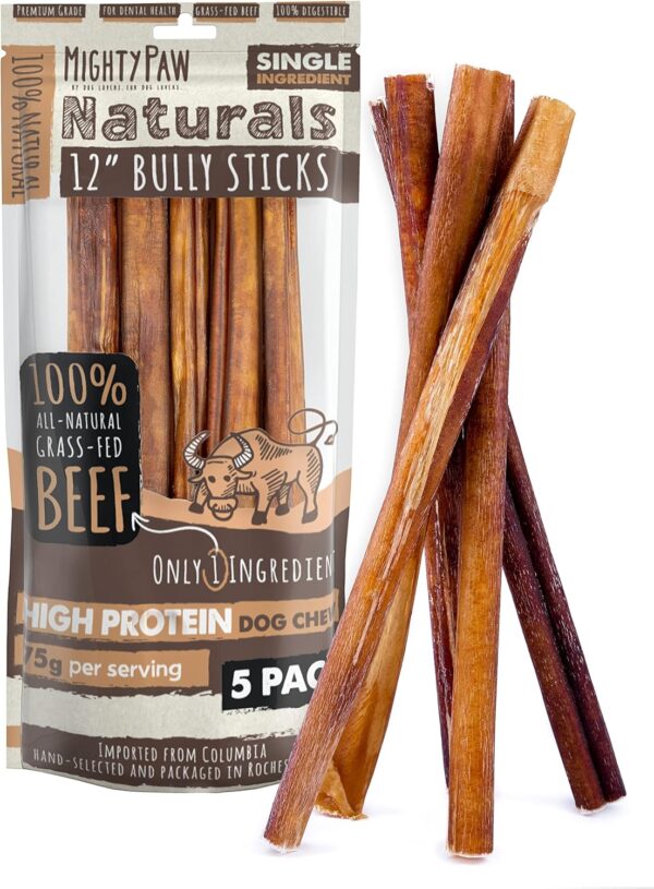 Mighty Paw Naturals 12" Bully Sticks for Dogs - Grass Fed Beef Chews. Dog Bully Sticks for Large Dogs, Medium and Small Breeds. Lower Odor Treats for Small Pets. Single Ingredient