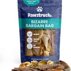 Pawstruck Bizarre Bargain Bag Assorted Natural Dog Chew Treats - Animal Ears, Jerky, Bones, Hooves, Beef Straps - Long Lasting Rawhide Alternative for Chewers, All Breeds - 1 lb, Packaging May Vary