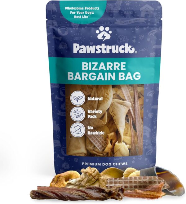 Pawstruck Bizarre Bargain Bag Assorted Natural Dog Chew Treats - Animal Ears, Jerky, Bones, Hooves, Beef Straps - Long Lasting Rawhide Alternative for Chewers, All Breeds - 1 lb, Packaging May Vary