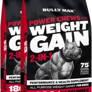 Bully Max Weight Gainer Dog Chews for Puppies and Adult Dogs - High Calorie Dog Food Treats Performance Supplement for Healthy Weight Gain, Immunity & Digestion - 75 Soft Chews for All Breeds, 2 Packs