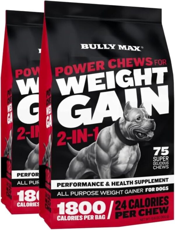 Bully Max Weight Gainer Dog Chews for Puppies and Adult Dogs - High Calorie Dog Food Treats Performance Supplement for Healthy Weight Gain, Immunity & Digestion - 75 Soft Chews for All Breeds, 2 Packs