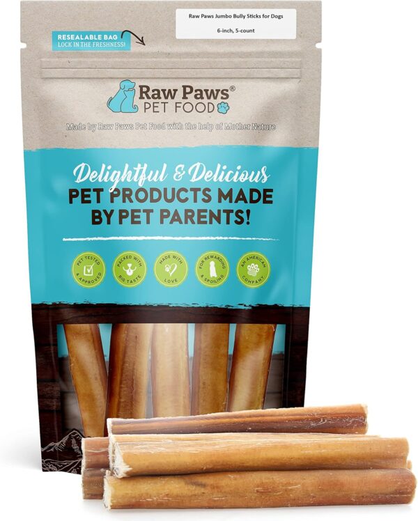 Raw Paws Jumbo Bully Sticks, 6" (5 Pack) - Extra Thick for Medium to Large Breeds - No Added Hormones, Free Range Cows - Pizzle Sticks for Dogs - Long Lasting Chews for Aggressive Chewers
