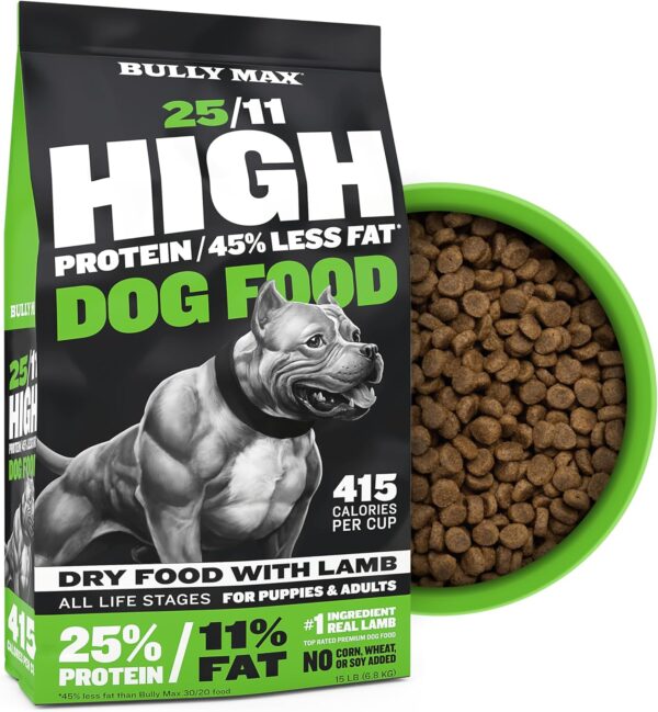 Bully Max 25/11 High Protein & Low Fat Dry Lamb Dog Food for Puppies and Adult Dogs - Chicken-Free Lamb Flavor - Natural Puppy Food for All Ages, Small and Large Breeds - Large Kibble Size, 5 lb. Bag