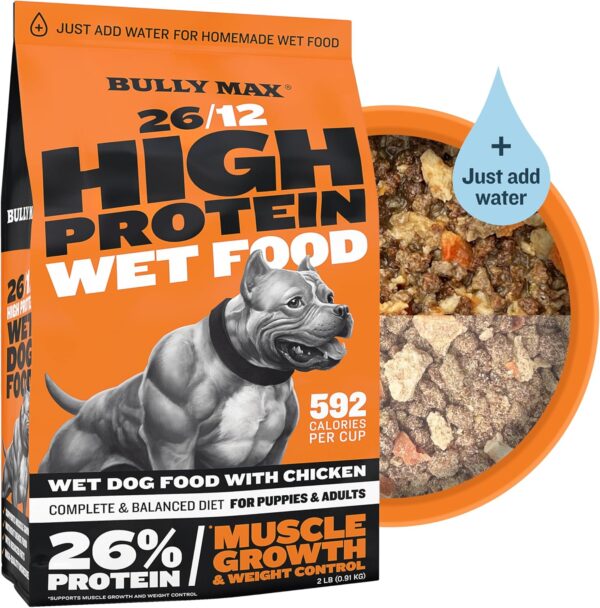 Bully Max Wet Dog Food for Adults & Puppies - Dehydrated High Protein Instant Fresh Soft Dog Food with Chicken - Healthy Muscle Growth for Small & Large Breeds - 2 Dry Pounds (Makes 5.5 lbs. Wet Food)