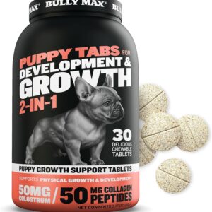 Bully Max 2-in-1 Puppy Vitamins - 30 Chewable Tablets for Development and Growth of Puppies - Dog Treats, Vitamin & Supplements for Small Dogs & Large Breed Growing Pups - Can Be Used as Food Topper