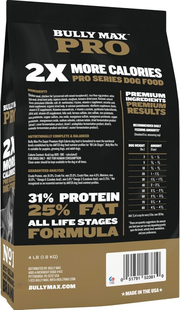 Bully Max Pro 2X High Calorie & High Protein Dry Dog Food for Puppy & Adult Dogs - Healthy Weight Gain & Muscle Building for Small & Large Breeds - Slow-Cooked, 600 Calories/Cup, Chicken Flavor, 4lb. - Image 2