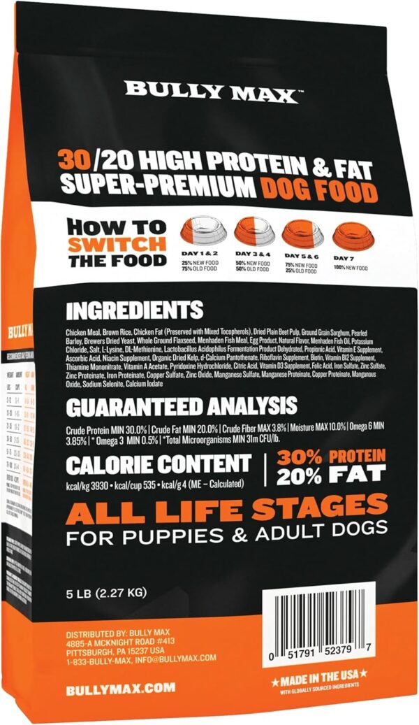 Bully Max Dry Dog Food for Adults & Pupppies - High Protein & Fat for Muscle & Weight Gain - High Performance Dog Food Supplements - Small & Large Breed Dogs (535 Calories Per Cup), Chicken, 5lb Bag - Image 4