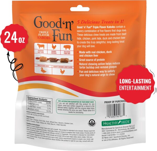 Good ‘n’ Fun Triple Flavor Kabobs Chews for All Dogs, 24 Ounces, Treat Your Dog to Chews Made from Beef Hide, Real Chicken, Pork Hide, Duck and Chicken Liver - Image 2