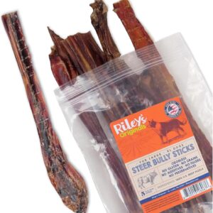 Riley's Steer Bully Sticks for Large to XL Dog Breeds - Odor Free, Single Ingredient Treat - Easily Digestible, 100% Beef Pizzle Sticks for Dogs - 12", 5ct