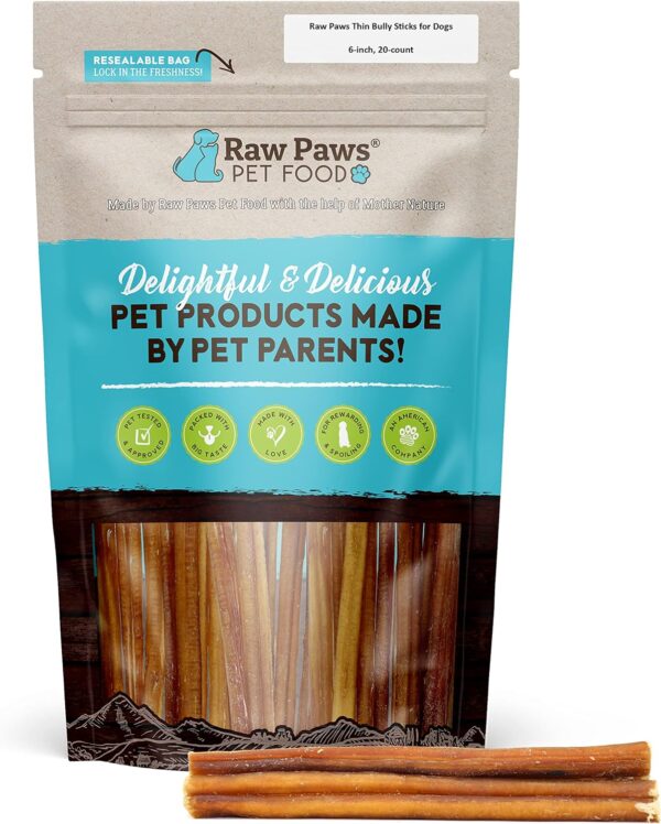 Raw Paws Thin Bully Sticks for Small Dogs, 6-Inch (20 Count) - Low Odor Bully Chews for Puppies - Free-Range Pizzle Sticks for Dogs - Single Ingredient Dog Chews - Rawhide Alternative - Long Lasting