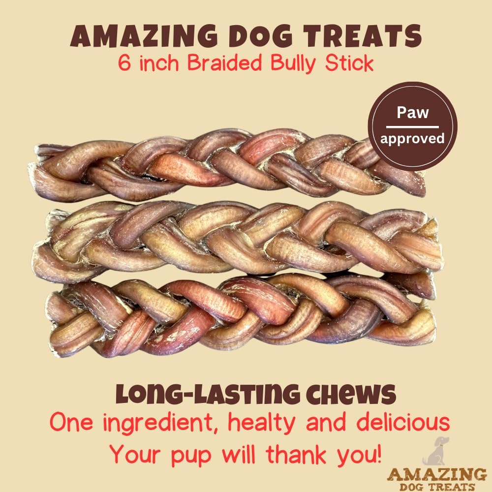 Amazing Dog Treats 6" Braided Bully Stick (5 Pcs/Pack) Bully Stick for Dogs - Made from Premium Grass Fed Beef - Image 2