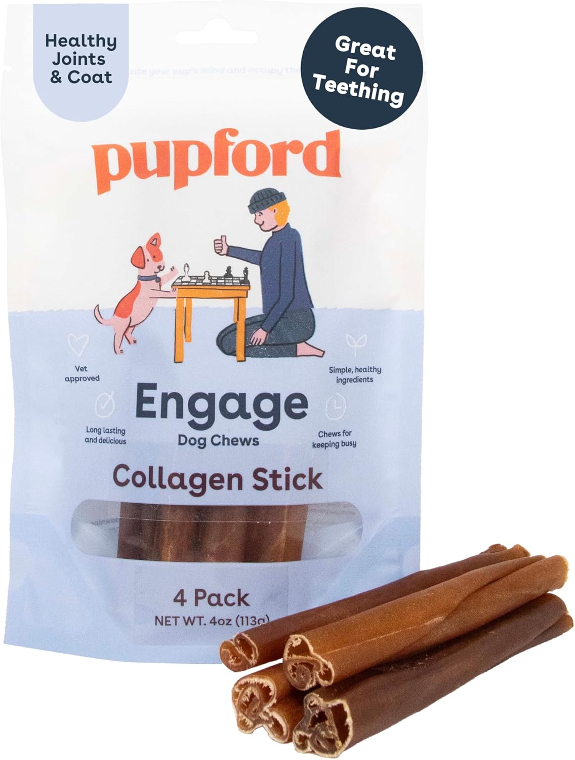 Pupford Collagen Stick Chews for Dogs & Puppies, All Natural, Healthy, Bully Stick and Bone Alternative Treat (6", 4 Pack)