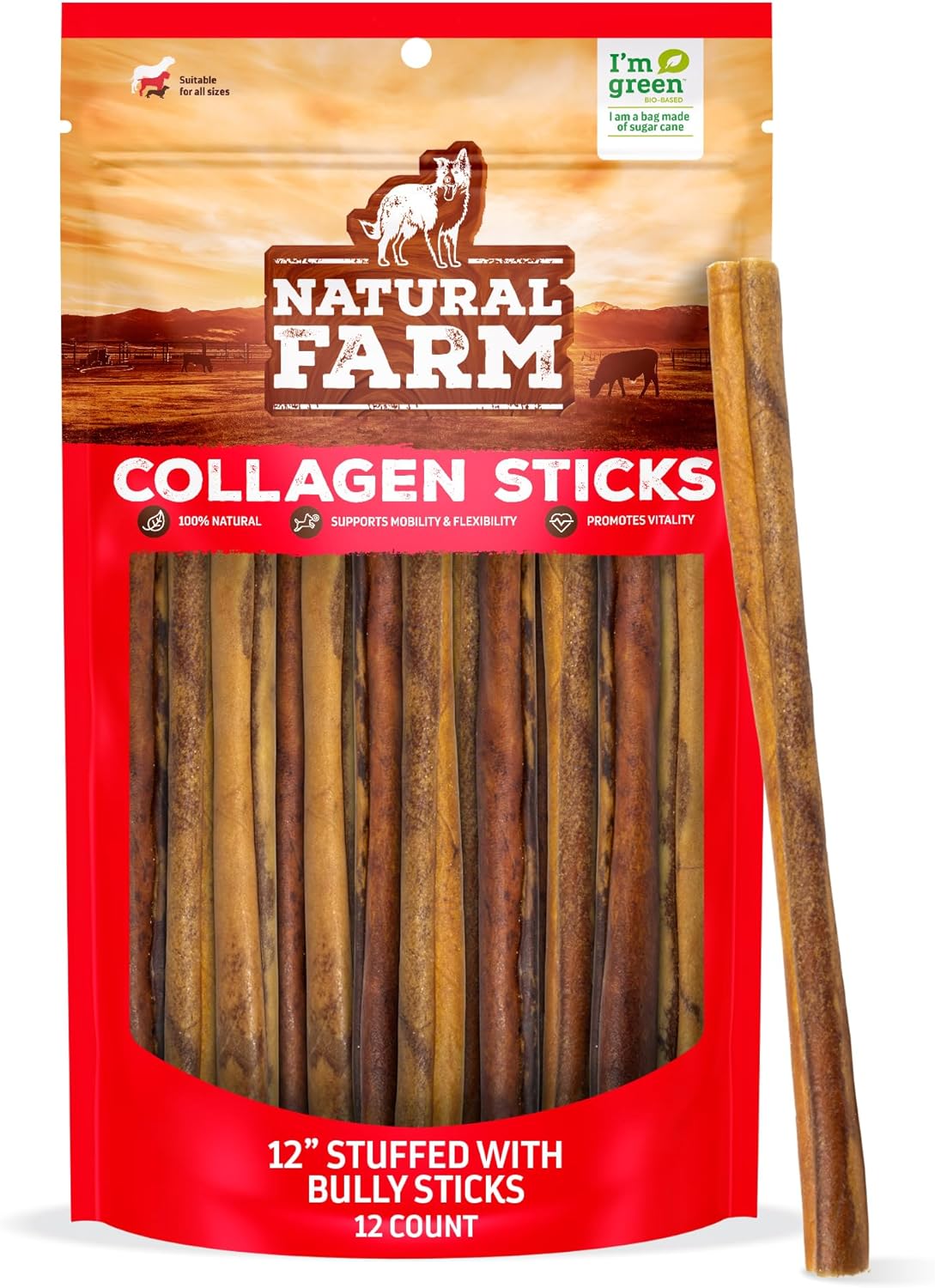 Natural Farm Bully Sticks Stuffed Collagen Sticks for Dogs (12 Inch, 12-Pack), Rawhide-Free Collagen Sticks, Natural Dog Chews, Long Lasting, Small, Medium and Large Dogs, Great Rawhide Alternative
