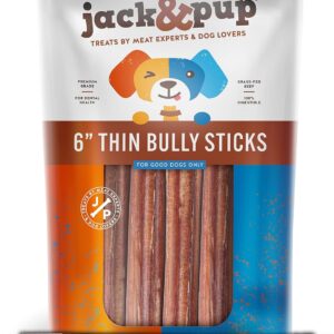 Jack&Pup Thin Bully Sticks for Small Dogs - 6 Inch, Odor Free, 100% Beef Dog Chew (10 Pack) for Puppies, Small Dogs