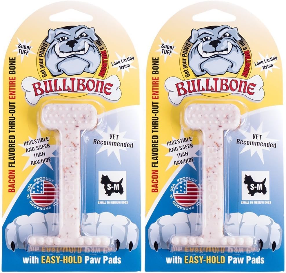Bullibone Nylon Dog Chew Toy Nylon Bone - Improves Dental Hygiene, Easy to Grip Bottom, and Permeated with Flavor (Bacon, Small - 2 Pack)