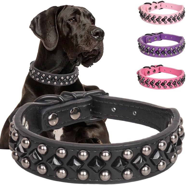 Serijoars Spiked Studded PU Leather Dog Collar for Small, Medium, Large Breeds, Pit Bull, Bully, Husky, Terrier, Adjustable (Black, XL (45-52CM))
