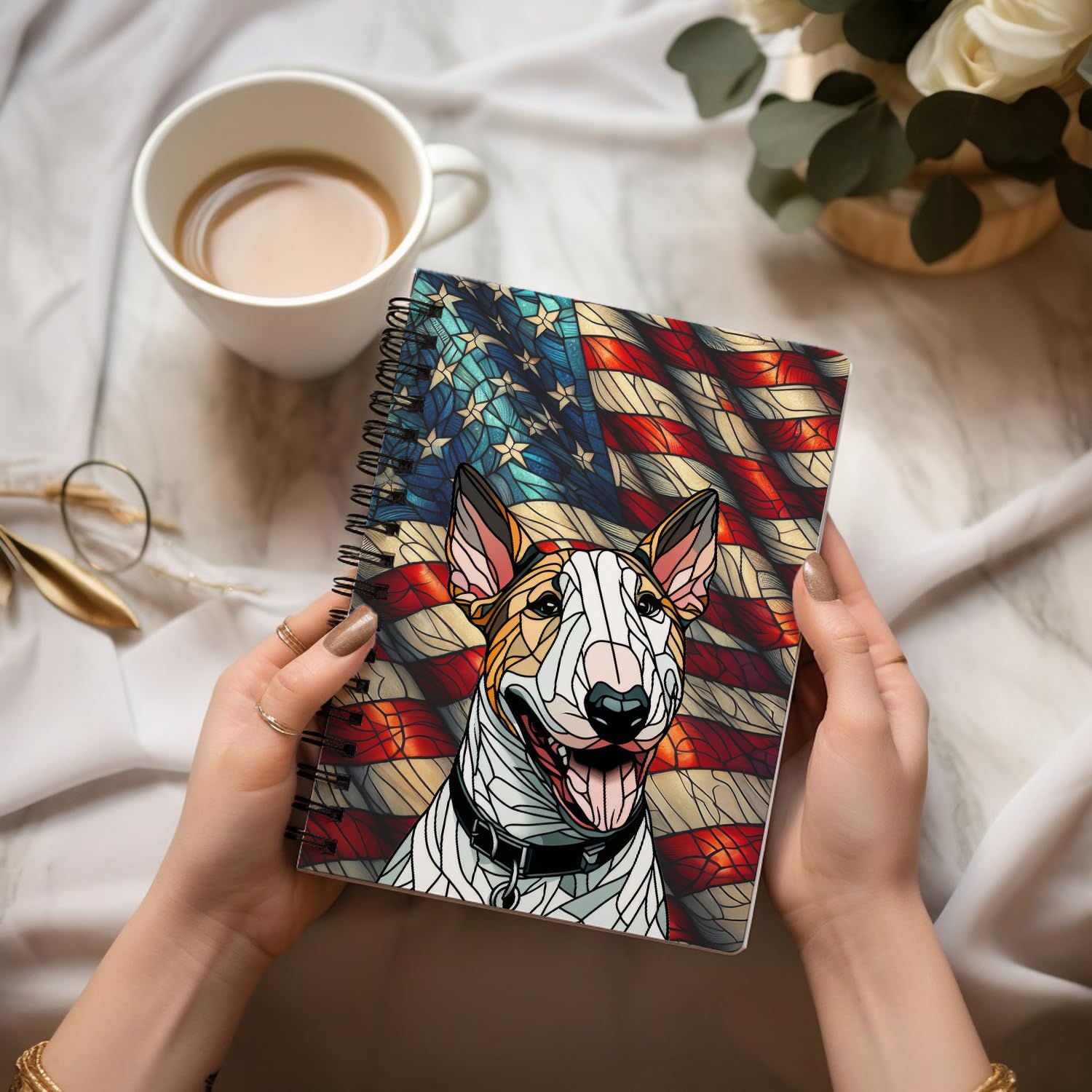 Ninety3POD Patriotic Bull Terrier Stained Glass Portrait American Flag Spiral Bound Journal Bully Dog Breed Lovers Gifts Idea 5x7in Spiral Notebook - 010 - Image 3