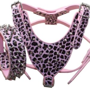 Serijoars Spiked Studded PU Leather Dog Harness Collar Set for Large Breed Pit Bull Bully Husky Terrier (Studs Leopard, L)