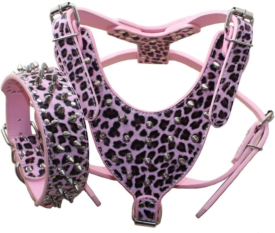 Serijoars Spiked Studded PU Leather Dog Harness Collar Set for Large Breed Pit Bull Bully Husky Terrier (Studs Leopard, L)