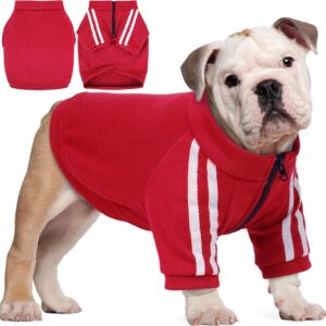 PUMYPOREITY Bulldog Apparel Perfect for French & English Bulldogs, Bully Breeds, Breathable Dog Hoodie with Striped Sleeves, Zipper Front for Easy Wear, Red, XL