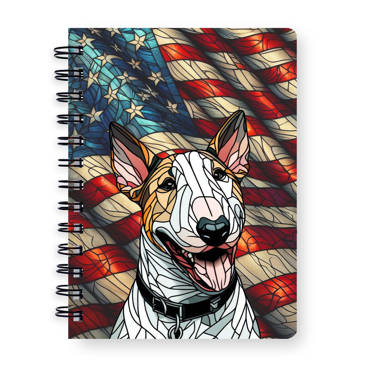 Ninety3POD Patriotic Bull Terrier Stained Glass Portrait American Flag Spiral Bound Journal Bully Dog Breed Lovers Gifts Idea 5x7in Spiral Notebook - 010
