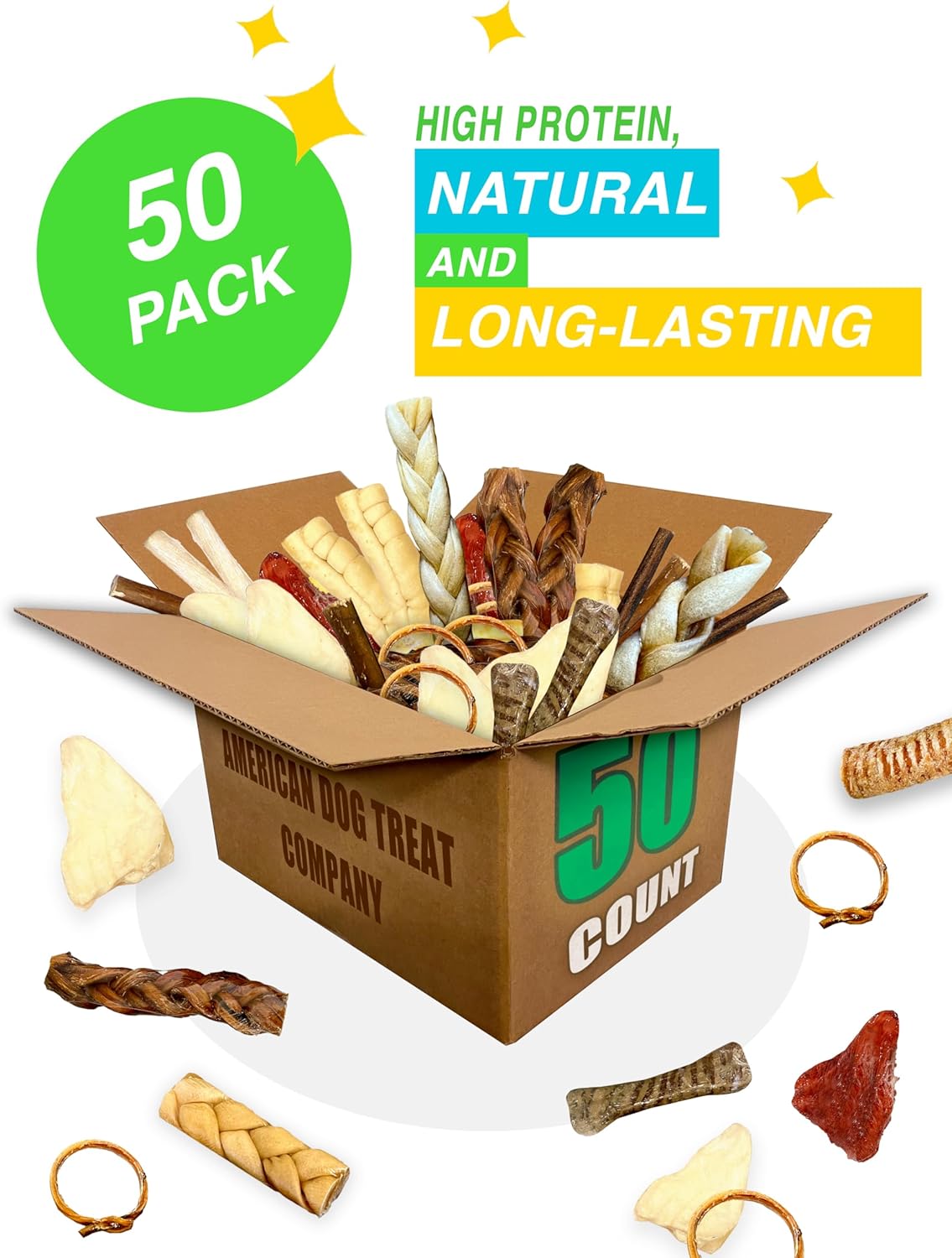 50-Piece Premium Dog Chew Assortment - Natural & Long-Lasting Treats | Includes Beef Ears, Bully Sticks, Collagen Sticks, Trachea Bones & More - Image 3