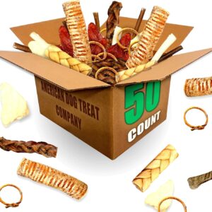 50-Piece Premium Dog Chew Assortment - Natural & Long-Lasting Treats | Includes Beef Ears, Bully Sticks, Collagen Sticks, Trachea Bones & More