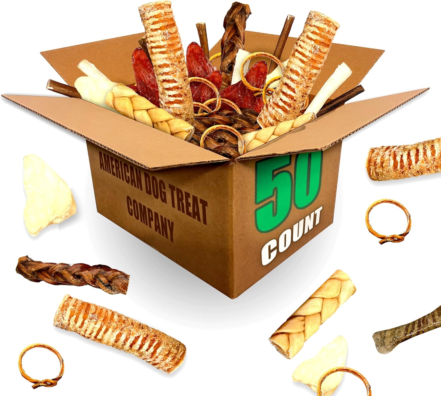 50-Piece Premium Dog Chew Assortment - Natural & Long-Lasting Treats | Includes Beef Ears, Bully Sticks, Collagen Sticks, Trachea Bones & More