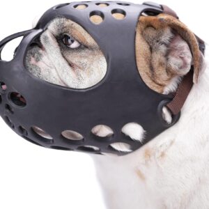 BARKLESS Dog Muzzle for Short Snout, Soft English Bulldog Muzzle for Biting, Chewing, Licking, Flat-Faced Bulldog Mouth Guard for Aggressive Dogs Grooming Walking, Allows Drinking