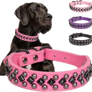 Serijoars Spiked Studded PU Leather Dog Collar for Small, Medium, Large Breeds, Pit Bull, Bully, Husky, Terrier, Adjustable (Hot Pink, XXL (50-57CM))