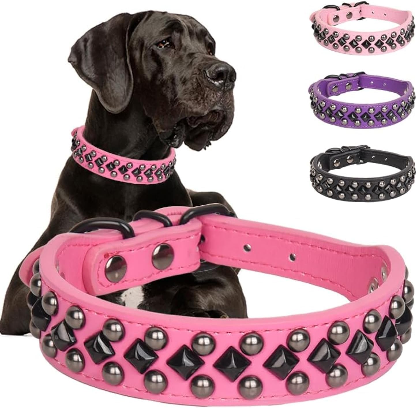 Serijoars Spiked Studded PU Leather Dog Collar for Small, Medium, Large Breeds, Pit Bull, Bully, Husky, Terrier, Adjustable (Hot Pink, XXL (50-57CM))