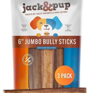 Jack&Pup 6 Inch Jumbo Bully Sticks for Dogs (3 Pack) Single Ingredient Dog Bully Sticks for Large Dogs and Aggressive Chewers