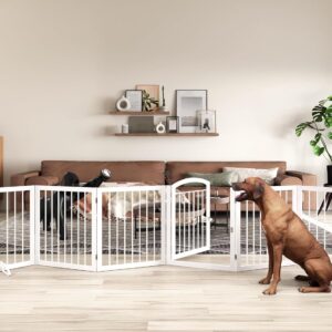 JSB 144-inch Extra Wide 30-inch Tall Dog gate with Door Walk Through, Freestanding Round Tube Pet Gate for Halls Stairs, Puppy Safety Dog Fence with 2PCS Support Feet (White)