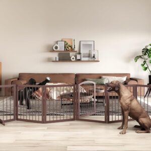 JSB 144-inch Extra Wide 30-inch Tall Dog gate with Door Walk Through, Freestanding Round Tube Pet Gate for Halls Stairs, Puppy Safety Dog Fence with 2PCS Support Feet (Espresso)