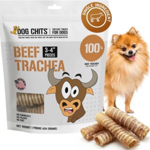 Dog Chits Beef Trachea Dog Chews - 100% Single Ingredient, High Protein, Low Fat - Glucosamine for Joint Support - Dental-Clean Crunch - Digestible Rawhide-Free, Natural Dog Chew Treats - 3-4inch, 1lb